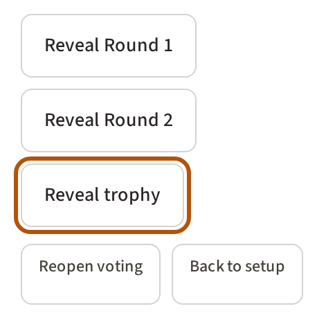 The reveal buttons for Round 1, Round 2 and the trophy, the trophy's ringed, with Reopen voting and Back to setup beneath.
