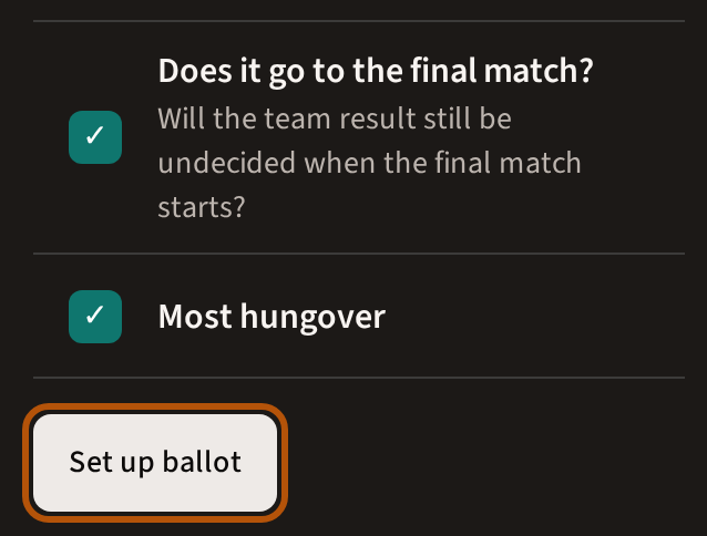 The foot of the question list, each one ticked, with the Set up ballot button beneath it ringed.