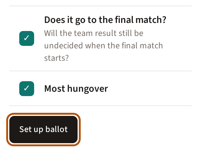 The foot of the question list, each one ticked, with the Set up ballot button beneath it ringed.