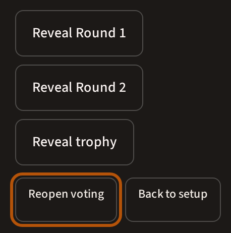 Flock Forecast once voting is closed: a reveal button for each round and the trophy, and the Reopen voting button beneath them ringed.