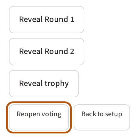 Flock Forecast once voting is closed: a reveal button for each round and the trophy, and the Reopen voting button beneath them ringed.