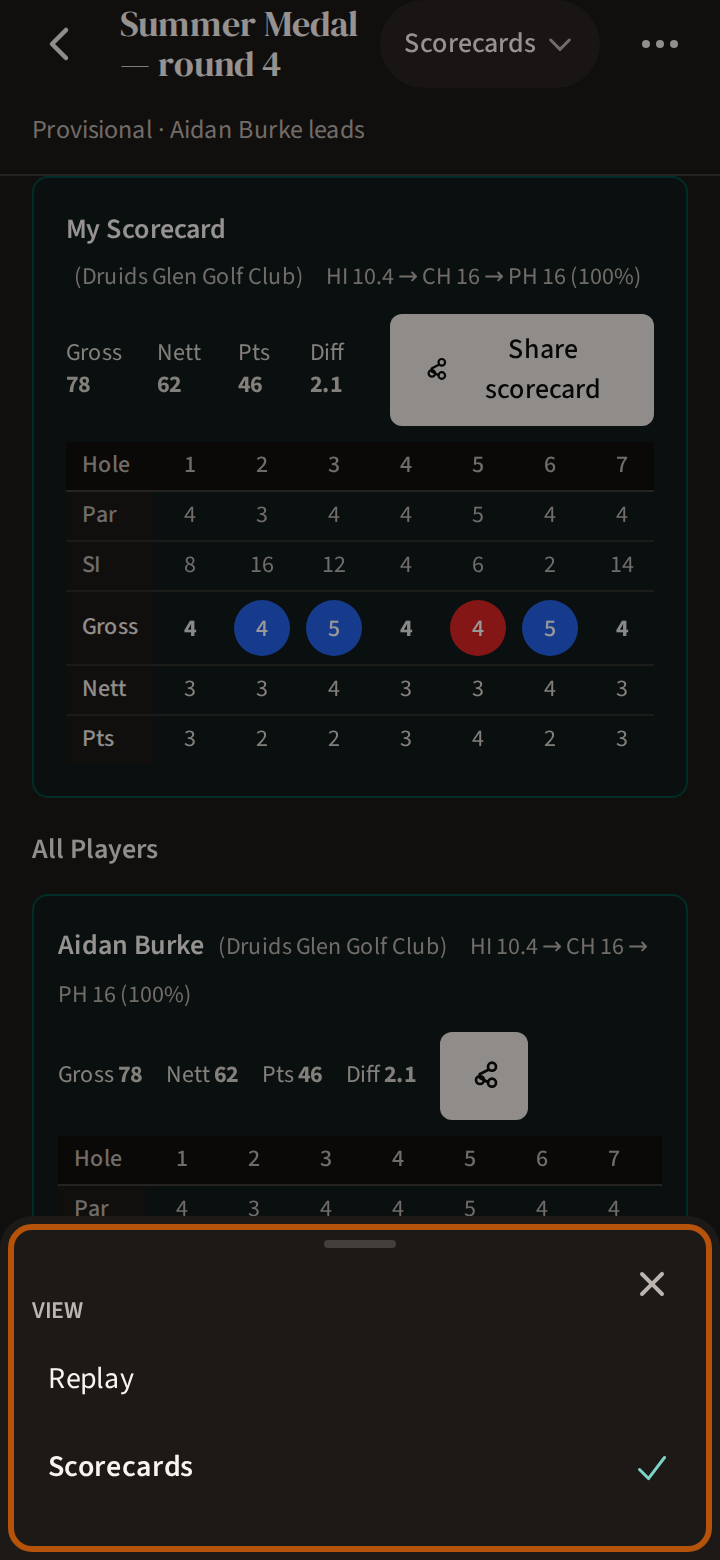 The picker open from the bottom of the screen, headed View, offering Replay and Scorecards, with Scorecards ticked.