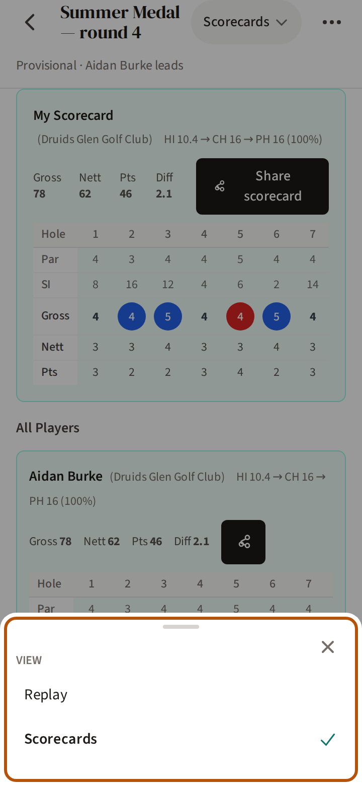 The picker open from the bottom of the screen, headed View, offering Replay and Scorecards, with Scorecards ticked.
