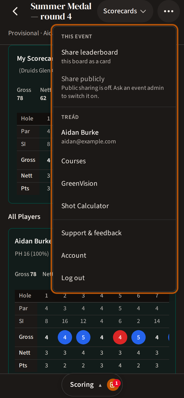 The More menu open on an event: This event, with Share leaderboard and Share publicly, then Treád, with your name, Courses, GreenVision, Shot Calculator, Support and feedback, Account and Log out.