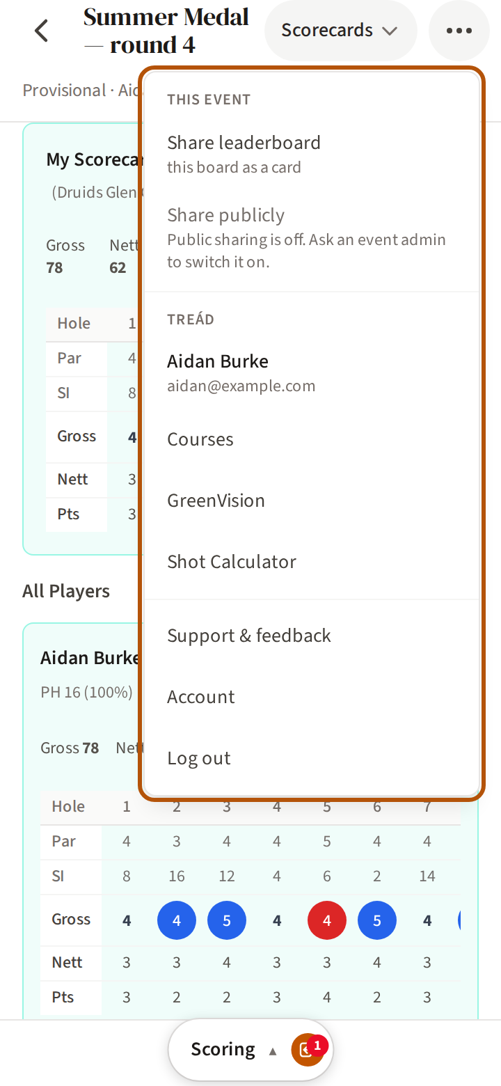 The More menu open on an event: This event, with Share leaderboard and Share publicly, then Treád, with your name, Courses, GreenVision, Shot Calculator, Support and feedback, Account and Log out.