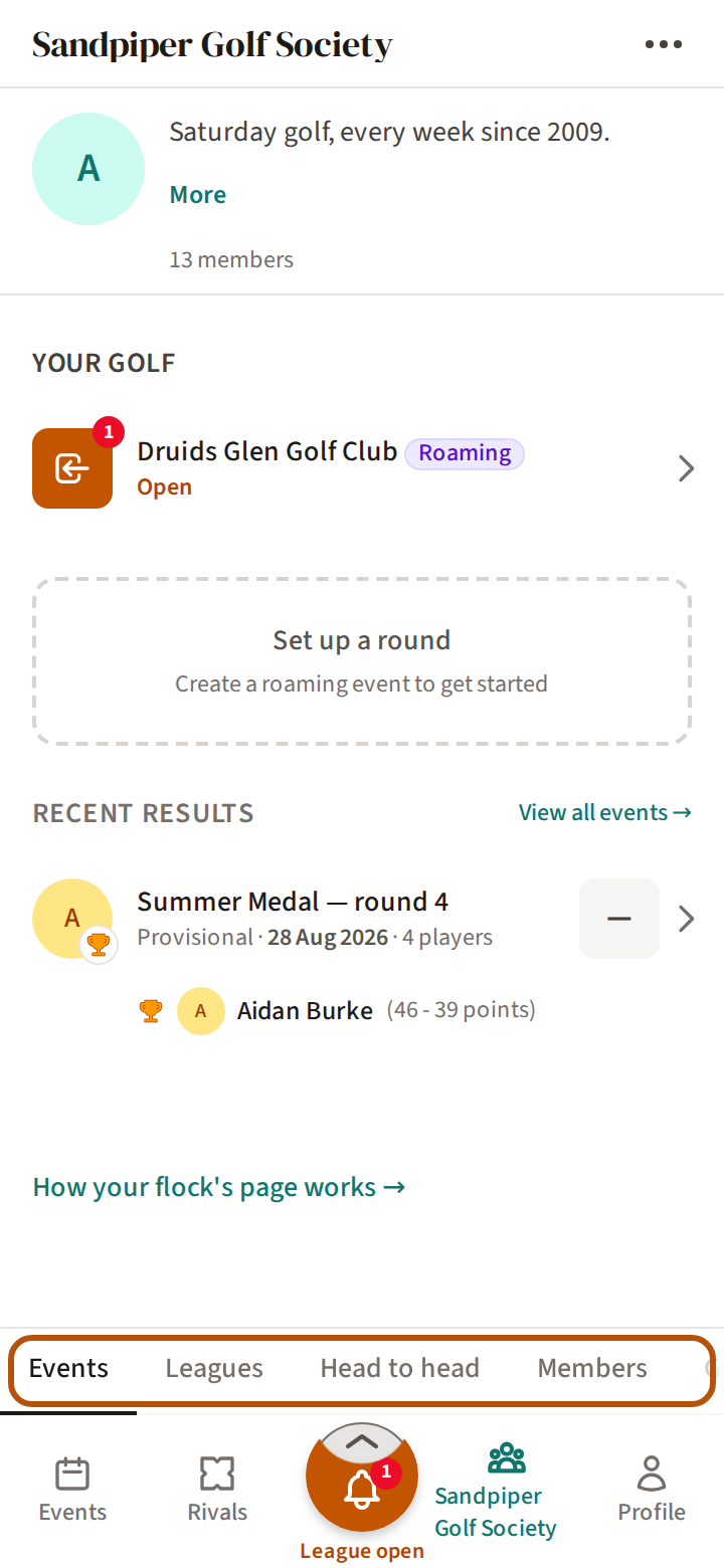 A flock's page, with its sections ringed just above the bar: Events, Leagues, Head to head, Members, and more off the edge.