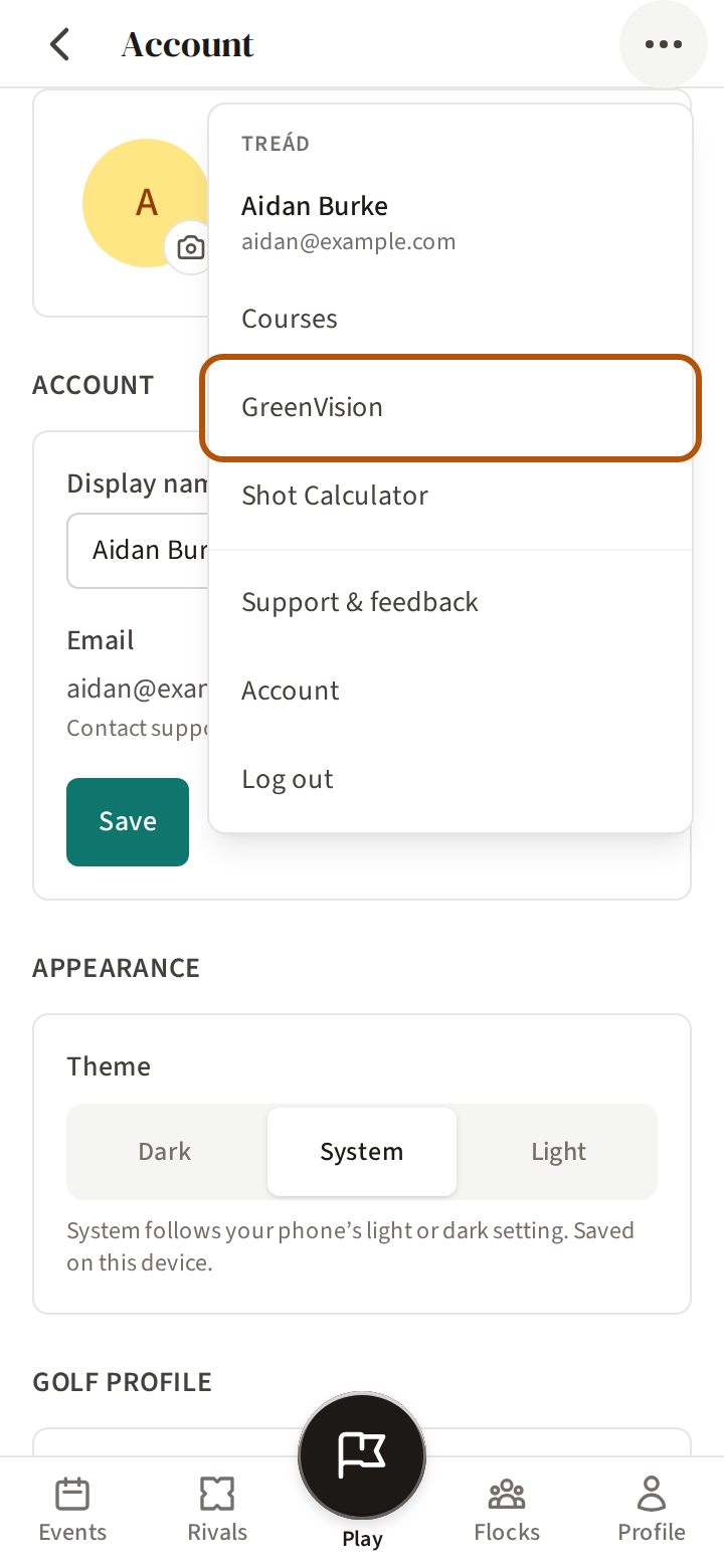 The More menu open, with its GreenVision row ringed between Courses and Shot Calculator.
