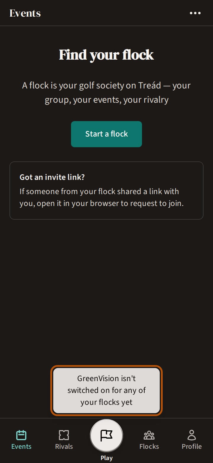 The Events page of a member with no flock that has GreenVision — here, not yet in any flock — with the line saying GreenVision isn't switched on for any of their flocks ringed near the foot of the screen.