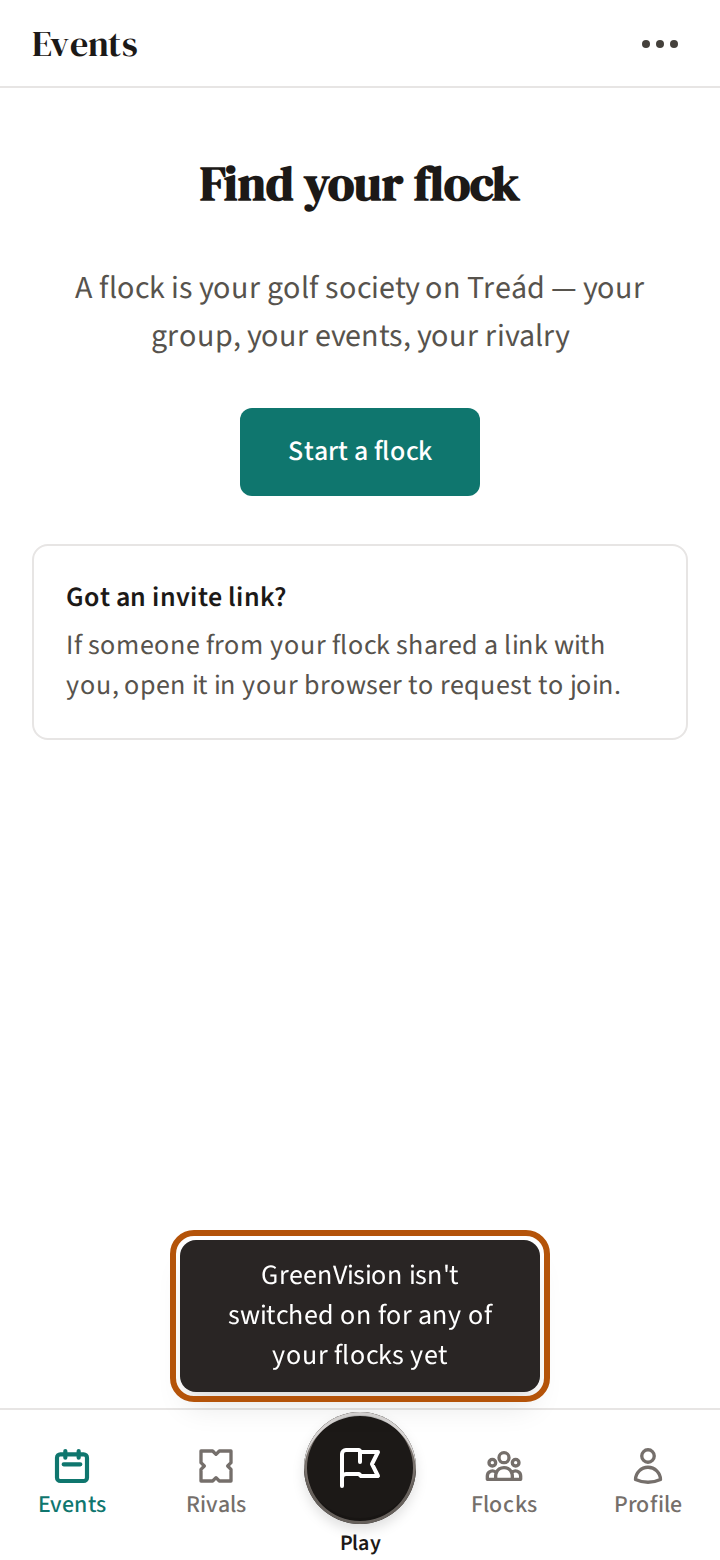 The Events page of a member with no flock that has GreenVision — here, not yet in any flock — with the line saying GreenVision isn't switched on for any of their flocks ringed near the foot of the screen.