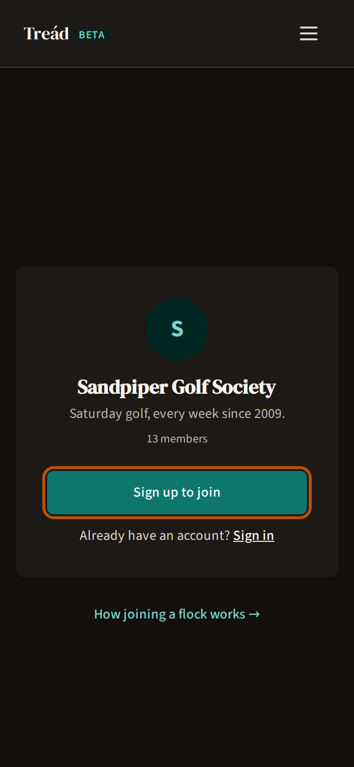 An invite link opened on a phone: the flock's name, its description and how many members it has, with the Sign up to join button ringed and Sign in beneath it.