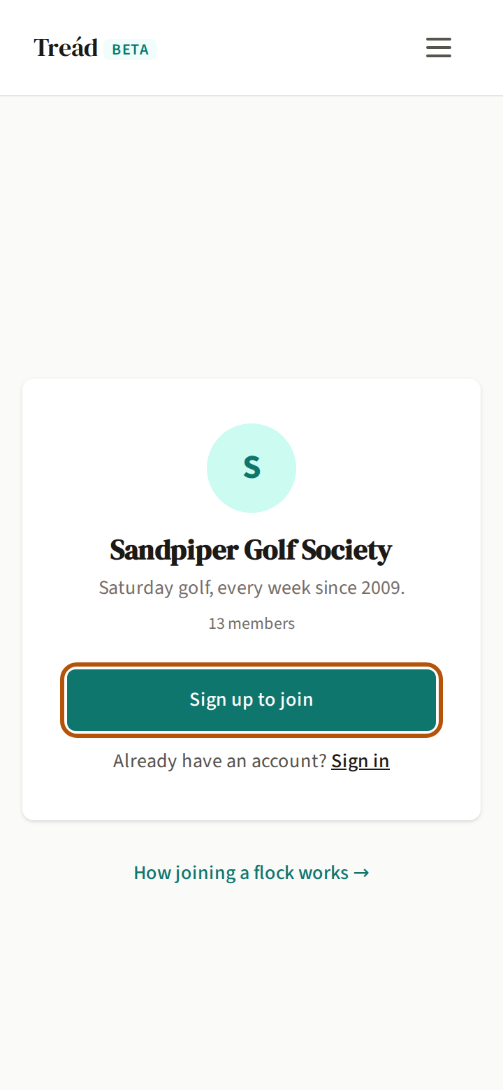 An invite link opened on a phone: the flock's name, its description and how many members it has, with the Sign up to join button ringed and Sign in beneath it.