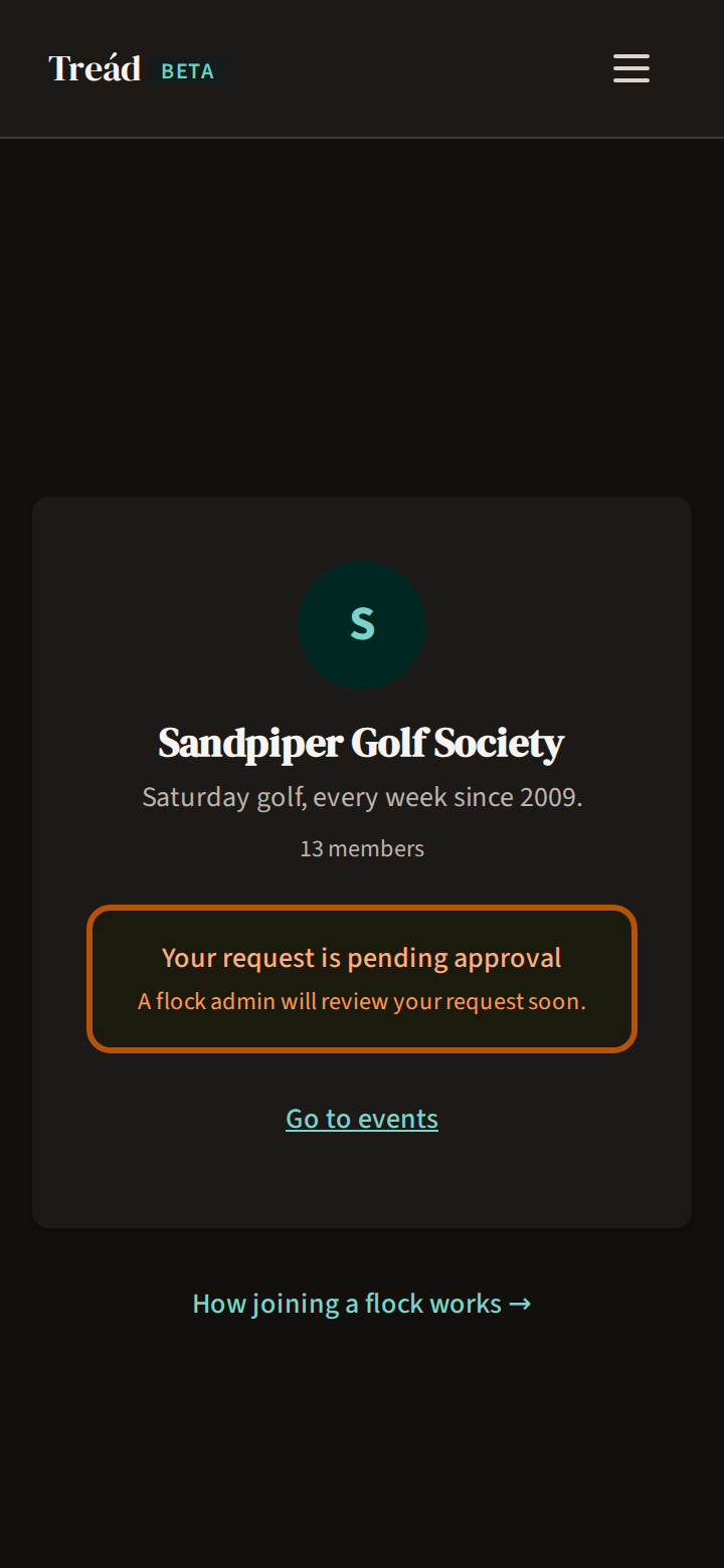 The invite link opened again while waiting: the flock's name and members, and a box saying your request is pending approval, ringed, above Go to events.