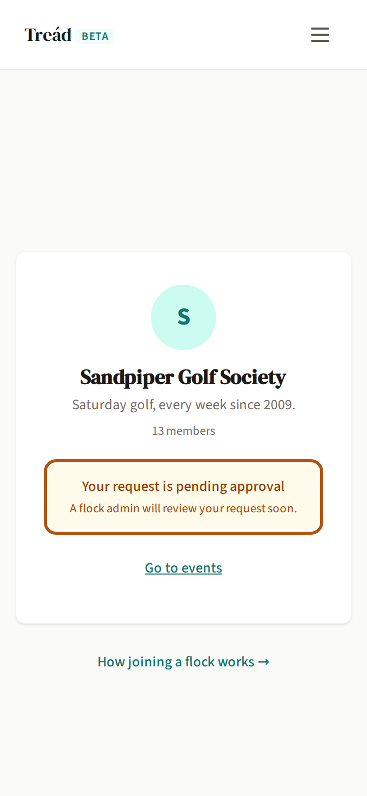 The invite link opened again while waiting: the flock's name and members, and a box saying your request is pending approval, ringed, above Go to events.