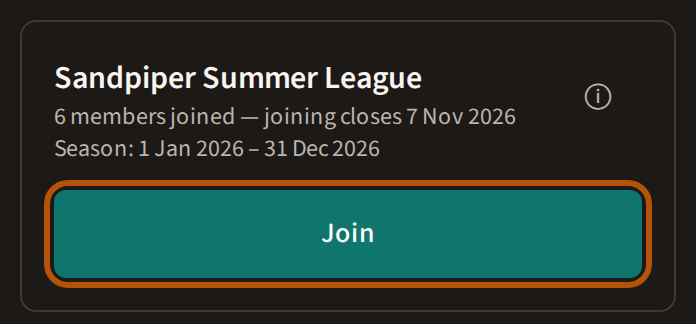 The league's card for a member who has not joined: how many members have joined and when joining closes, the season dates, and a Join button.