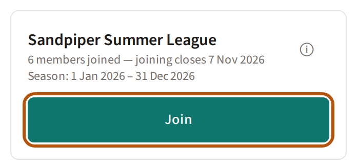 The league's card for a member who has not joined: how many members have joined and when joining closes, the season dates, and a Join button.