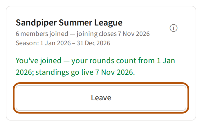 The league's card once you have joined: a line saying you have joined and when scoring starts, and the Leave button ringed.