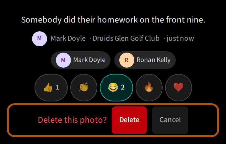 Under the photo after Delete photo: the question Delete this photo? with a Delete button and a Cancel button beside it, ringed.