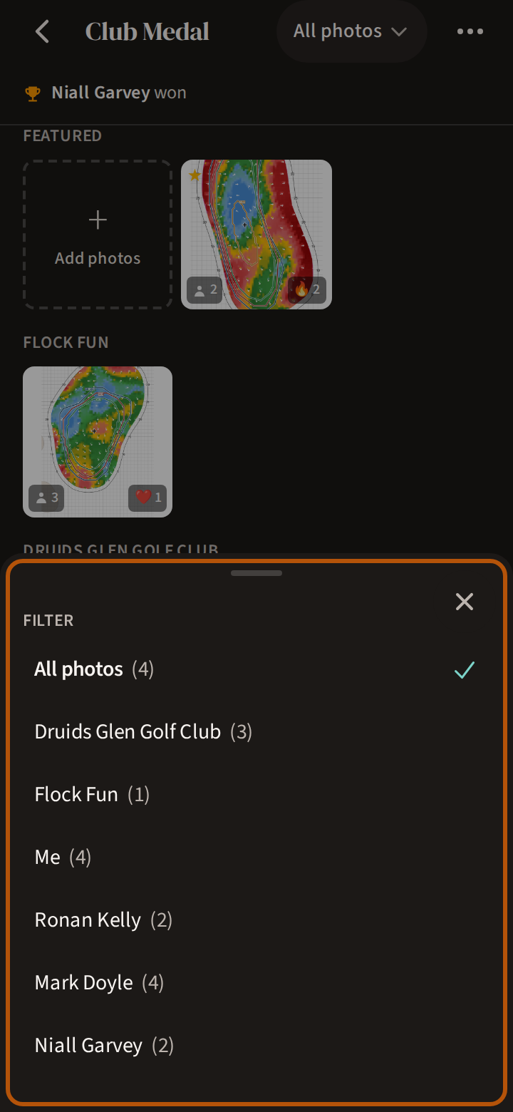 An event's Gallery with the picker open, ringed, under the heading Filter: All photos, the course, Flock Fun, Me and each tagged player, every one with its count.