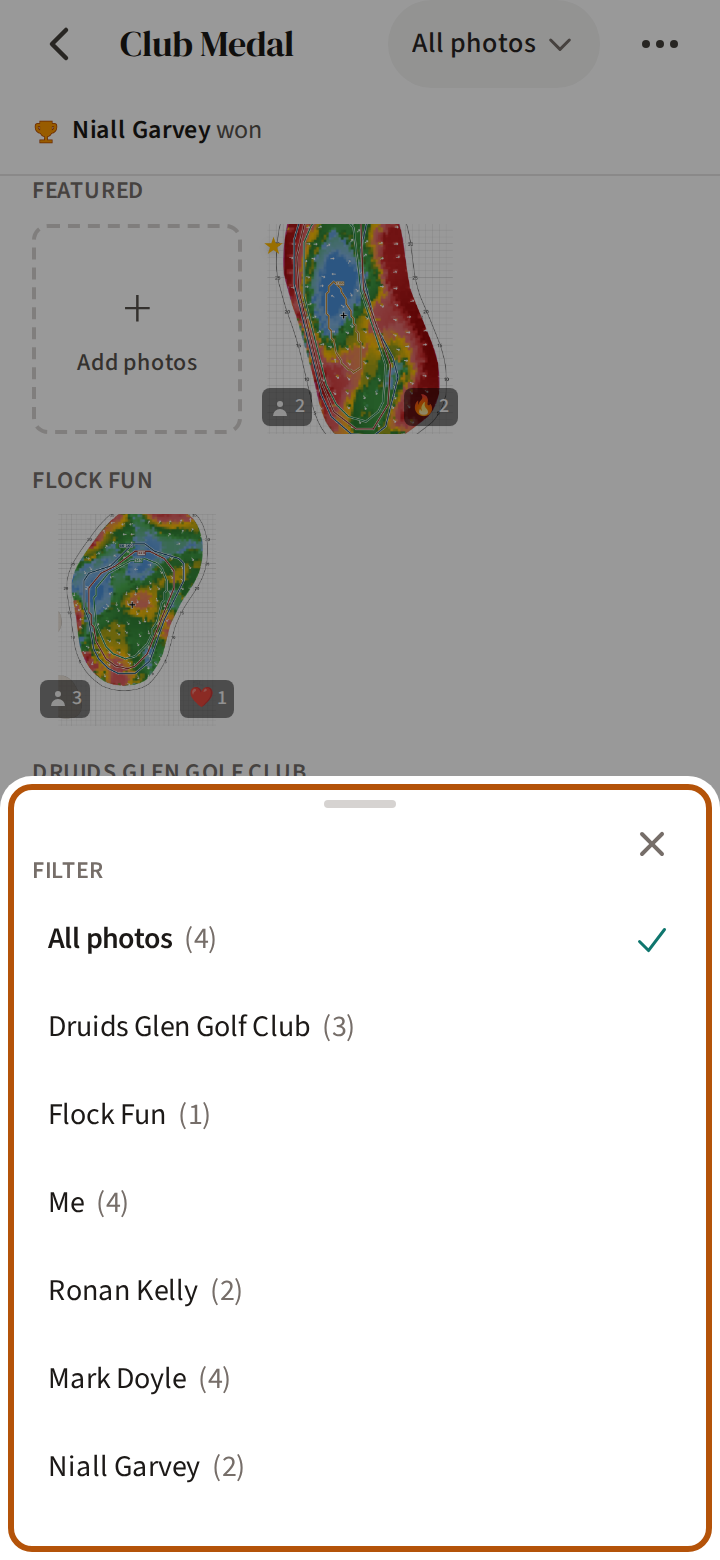 An event's Gallery with the picker open, ringed, under the heading Filter: All photos, the course, Flock Fun, Me and each tagged player, every one with its count.