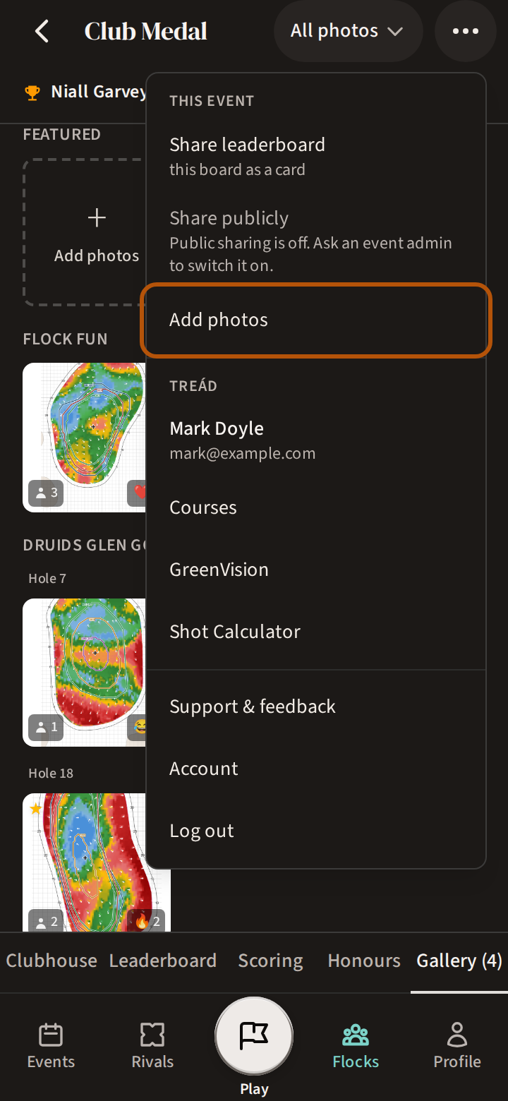 The event's More menu open over its Gallery, with Add photos ringed under This event.