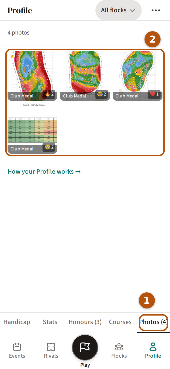 Profile's Photos, ringed among its sections and numbered 1, and the photos you are tagged in, each with its event's name, ringed and numbered 2.