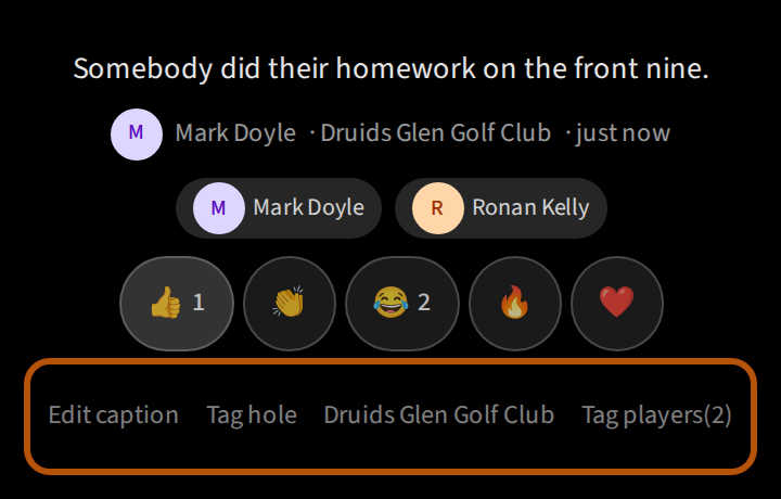 Under a photo you added: its caption, who added it and the course, the tagged names, the reactions, and beneath them the row to edit the caption, tag the hole, change the course and tag players, ringed.