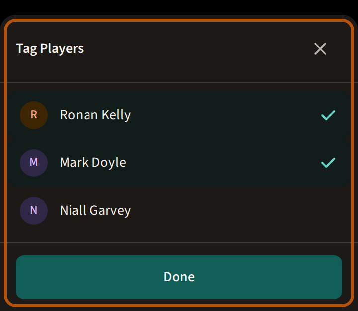 The Tag Players list, ringed: the event's players, each with a picture, the ones already tagged ticked, and a Done button at the foot.