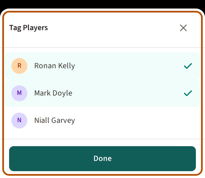 The Tag Players list, ringed: the event's players, each with a picture, the ones already tagged ticked, and a Done button at the foot.