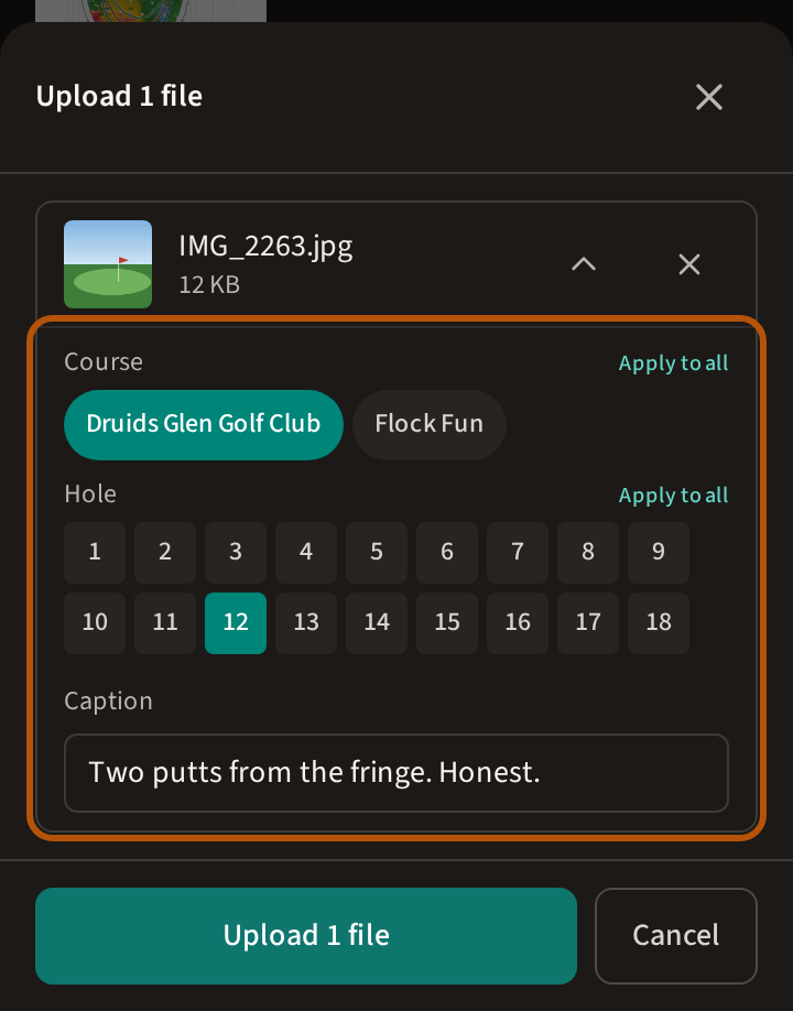 Before a photo goes up: its name and size, then the event's course, hole 12 and a caption chosen for it, ringed, with the Upload and Cancel buttons at the foot.