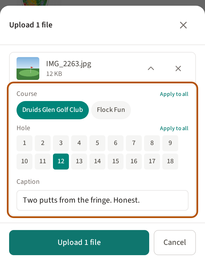 Before a photo goes up: its name and size, then the event's course, hole 12 and a caption chosen for it, ringed, with the Upload and Cancel buttons at the foot.
