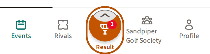The Play button in amber with the mark of what is waiting on it, a small red number, and its name written under it — here a trophy and Result, a round's result to see.