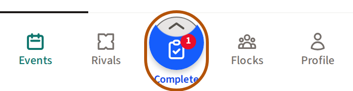 The Play button in blue with a clipboard on it and Complete written under it — something waiting on you as an organiser.