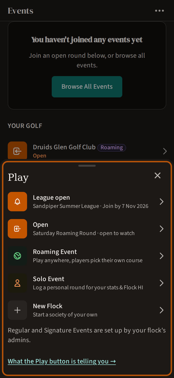 The Play list open from the bottom of the screen: the things waiting for you, each with its colour and a line saying what it is, then the rows for what you can create yourself.