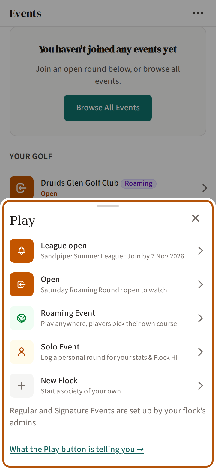 The Play list open from the bottom of the screen: the things waiting for you, each with its colour and a line saying what it is, then the rows for what you can create yourself.