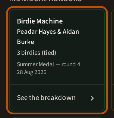 One award card: its name, who won it, what for, the event and its date, with See the breakdown at its foot.