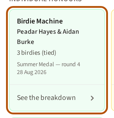 One award card: its name, who won it, what for, the event and its date, with See the breakdown at its foot.