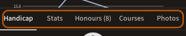 The Profile's five sections in a row: Handicap, Stats, Honours with its count, Courses and Photos.