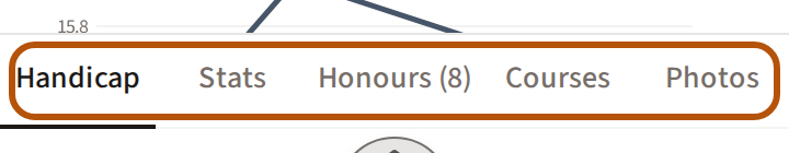 The Profile's five sections in a row: Handicap, Stats, Honours with its count, Courses and Photos.