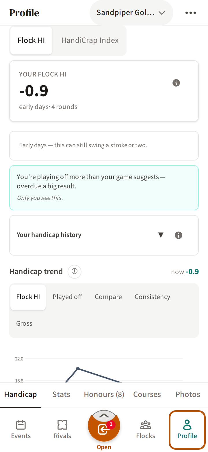 Your Profile on the Handicap section: your Flock HI near the top, with Profile ringed at the right-hand end of the bar.