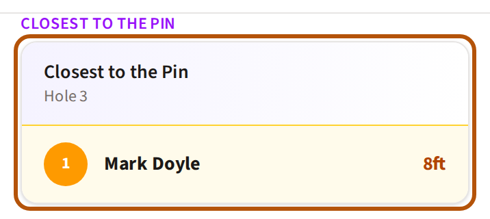 Bragging Rights chosen in the picker: the contests grouped under their kind, and one contest's card, ringed, with its name, the hole it is played on and the leader with their distance.