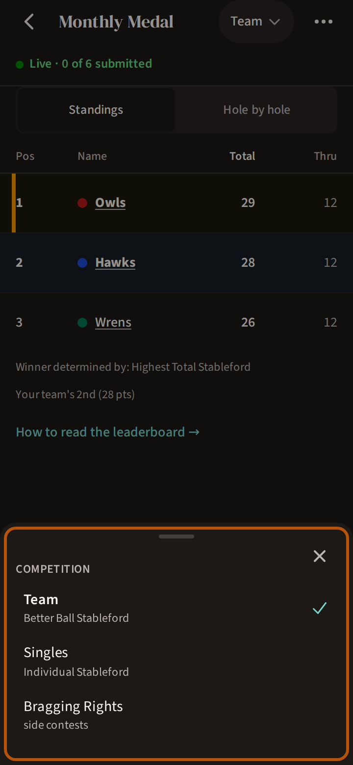 The picker open over an event's Leaderboard, ringed: its Competition list with the event's two competitions, and Bragging Rights beneath them.