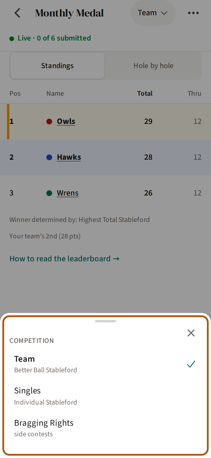 The picker open over an event's Leaderboard, ringed: its Competition list with the event's two competitions, and Bragging Rights beneath them.
