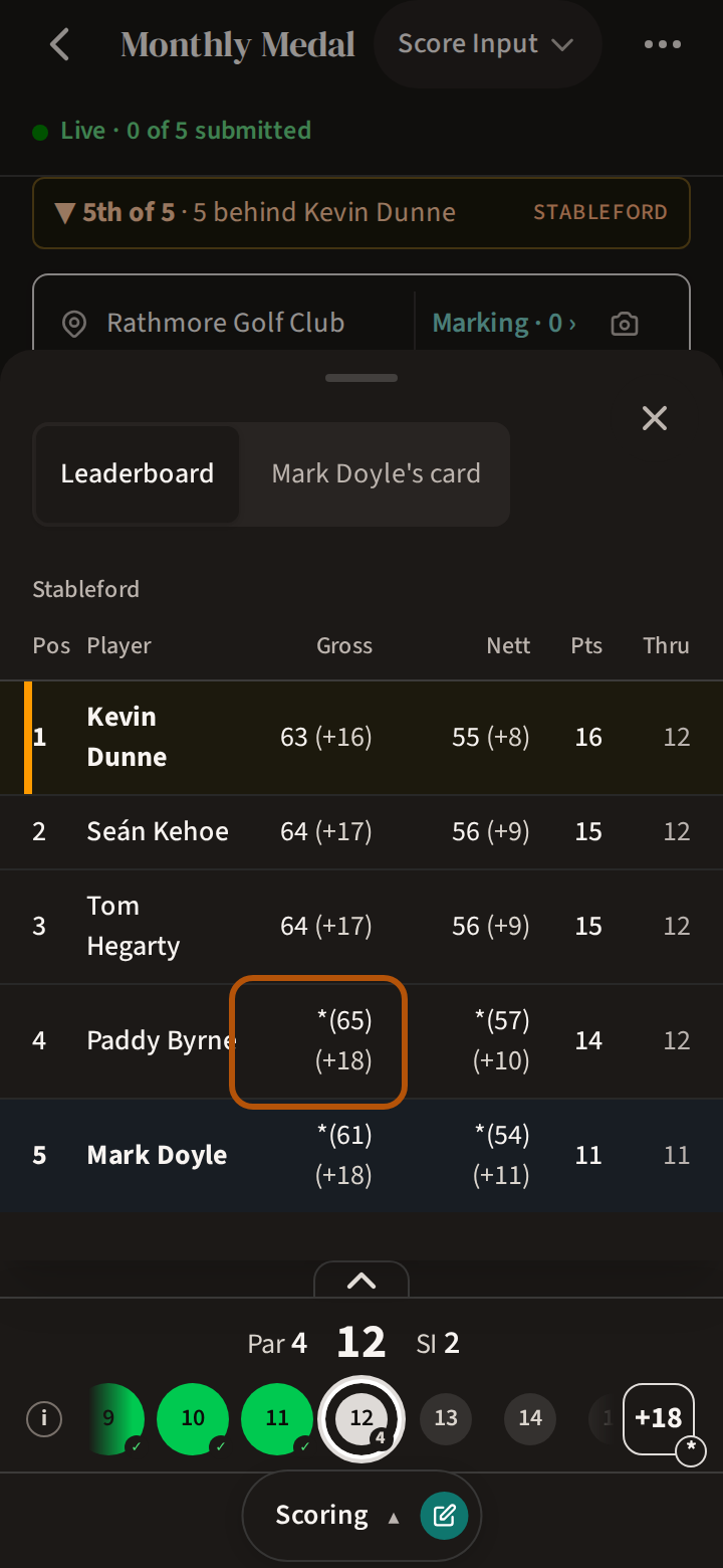 The leaderboard the score box opens over the scoring screen: each player with their gross and nett, each to par in brackets, their points and how many holes they have played, and a gross with a star before it, ringed.