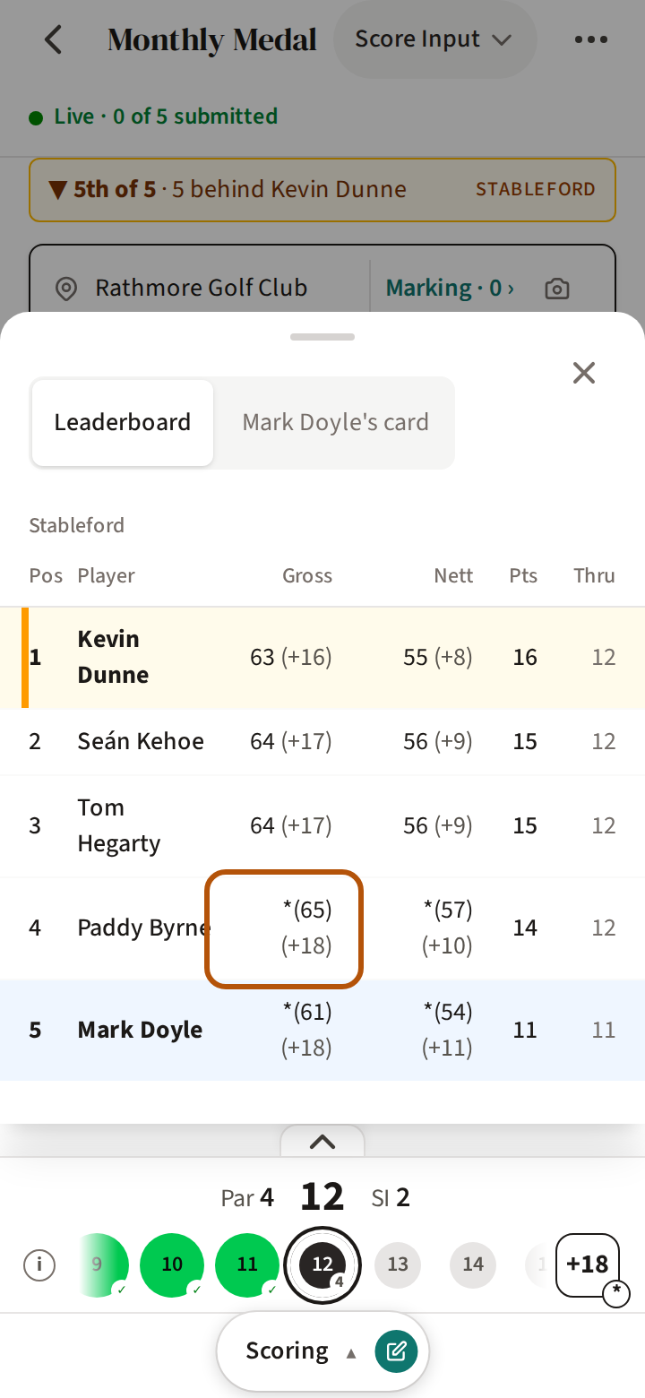 The leaderboard the score box opens over the scoring screen: each player with their gross and nett, each to par in brackets, their points and how many holes they have played, and a gross with a star before it, ringed.