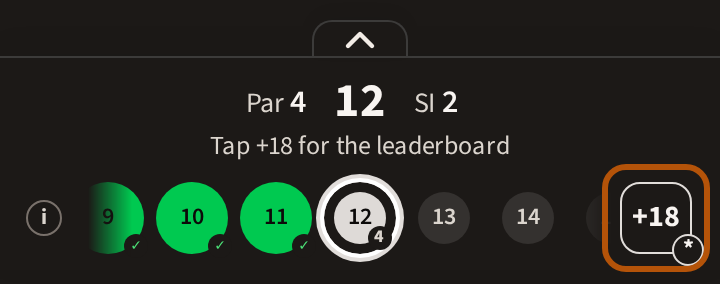 The hole bar at the foot of the scoring screen: the hole, its par and stroke index, a circle per hole, and the score box at its right end, ringed.