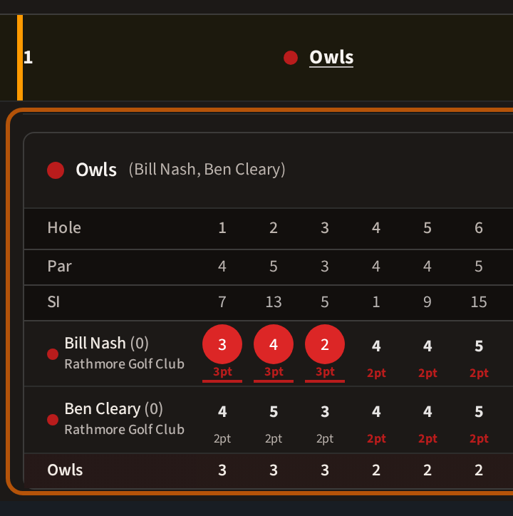 A team's name pressed on a team competition's leaderboard: the team's card, ringed, opened beneath its row, with each player's scores hole by hole and the team's total.