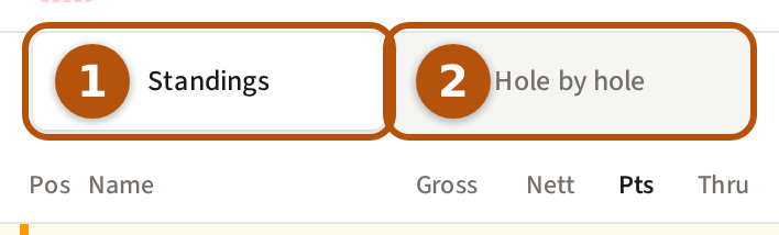 The buttons at the top of a live leaderboard, each ringed: Standings, chosen, numbered 1, and Hole by hole beside it, numbered 2.
