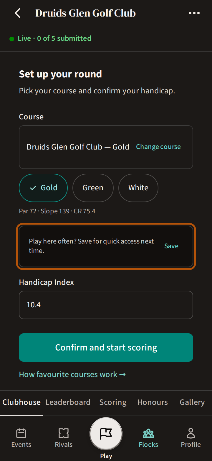 Set up your round with a course and its tees chosen, and beneath them the Play here often? box ringed, with its Save button.