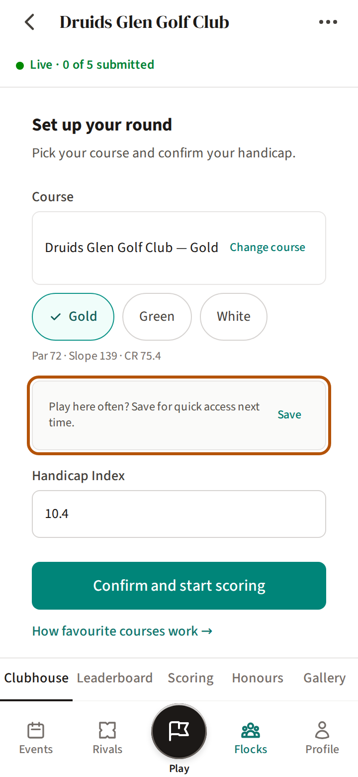 Set up your round with a course and its tees chosen, and beneath them the Play here often? box ringed, with its Save button.
