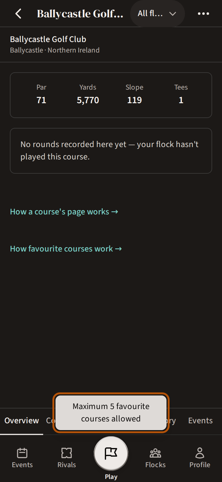 A sixth course's page just after Favourite was pressed with five already saved: the message near the foot of the screen, saying five favourite courses is the most allowed, is ringed.